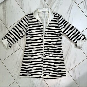 Grace Chuang NY Black White Stripe Duster Jacket M Open Front Viscose Y2K